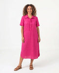 Deep Cerise Linen Panelled Dress with Decorative Tie Detail and Pockets