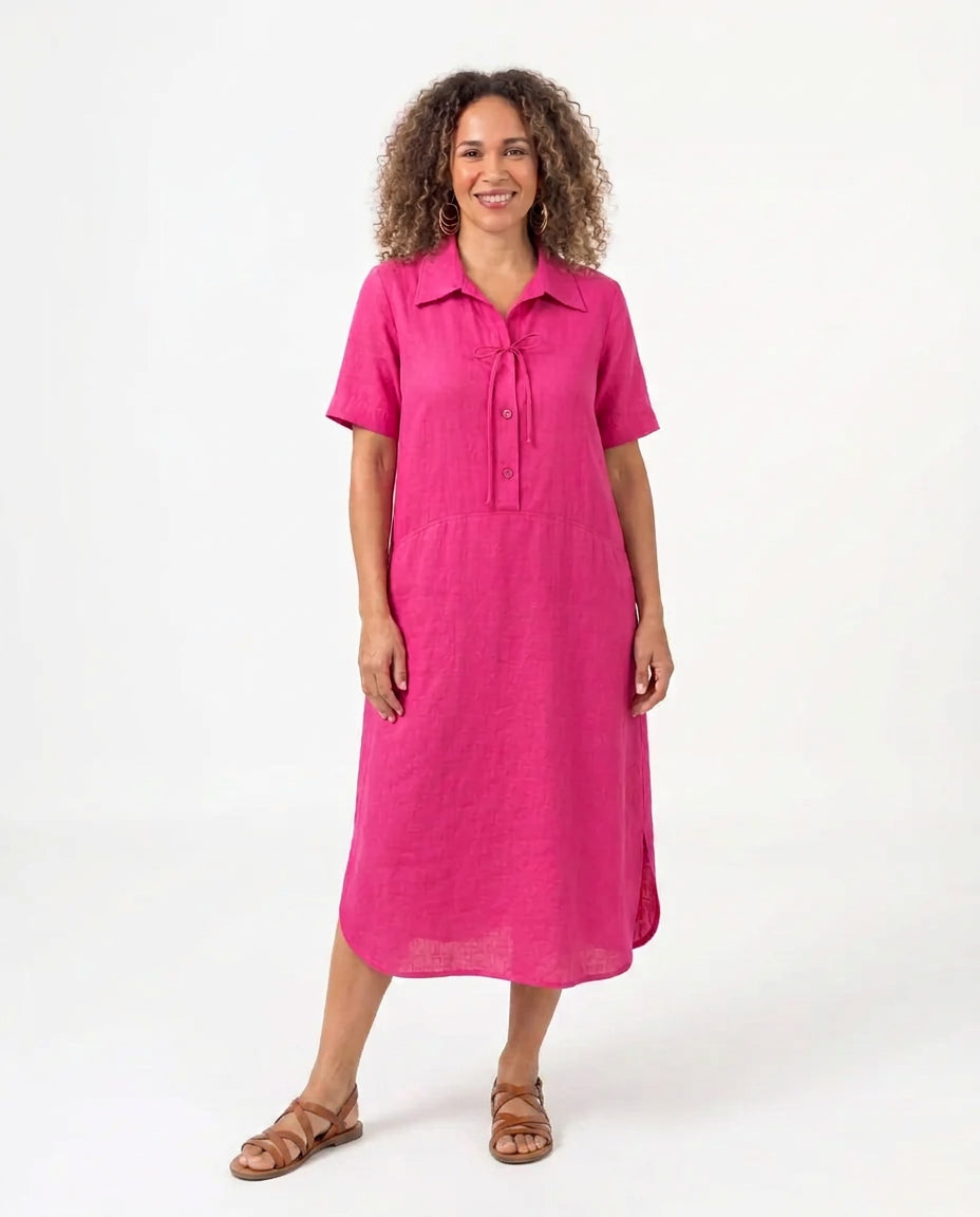Deep Cerise Linen Panelled Dress with Decorative Tie Detail and Pockets