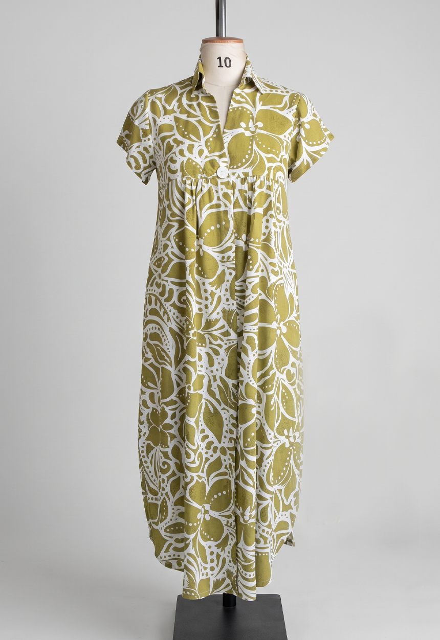 Carmen Dress in Acid Green Abstract Floral with Tie Detail and Pockets