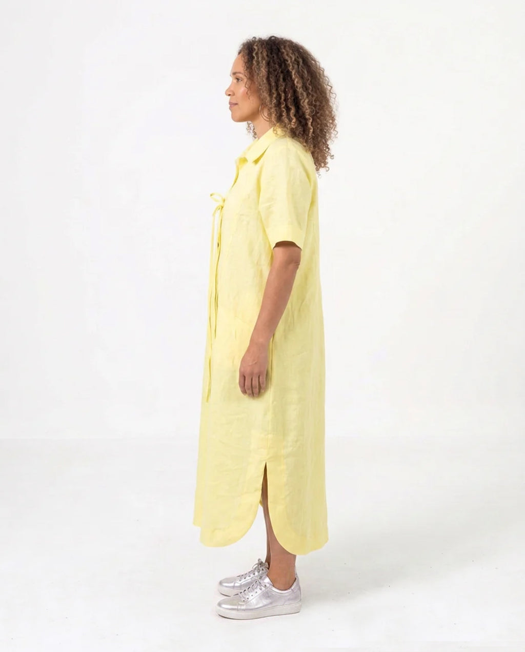 Lemon Linen Panelled Dress with Tie Detail and Pockets