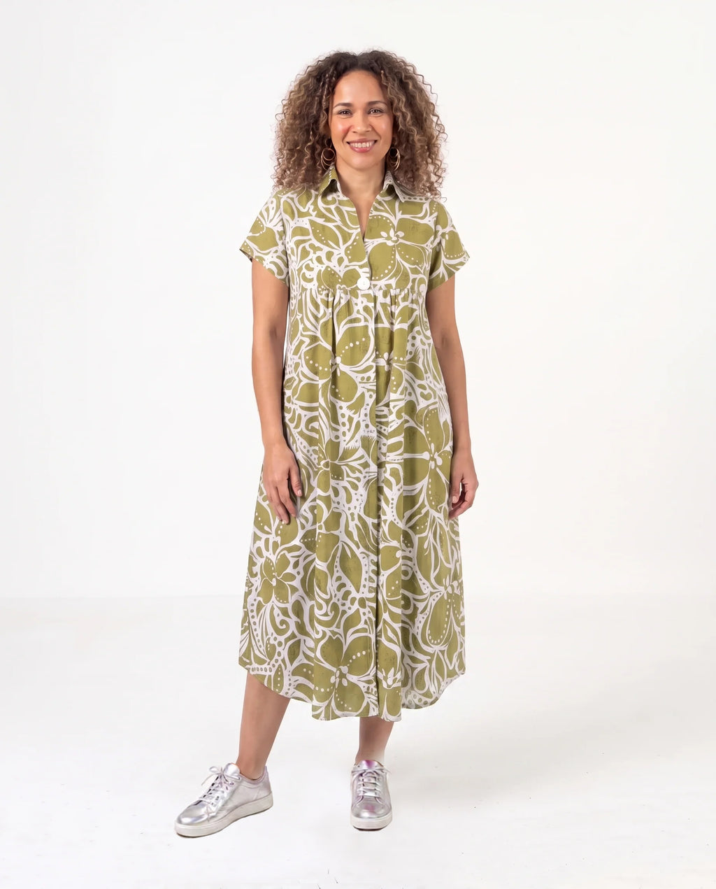 Carmen Dress in Acid Green Abstract Floral with Tie Detail and Pockets