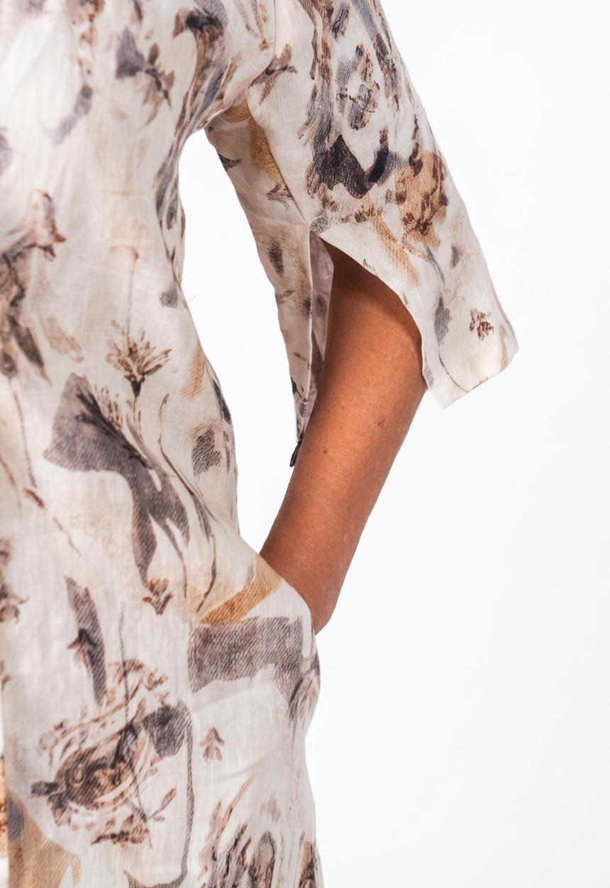 100% Printed Linen Button-Up Dress with Pockets