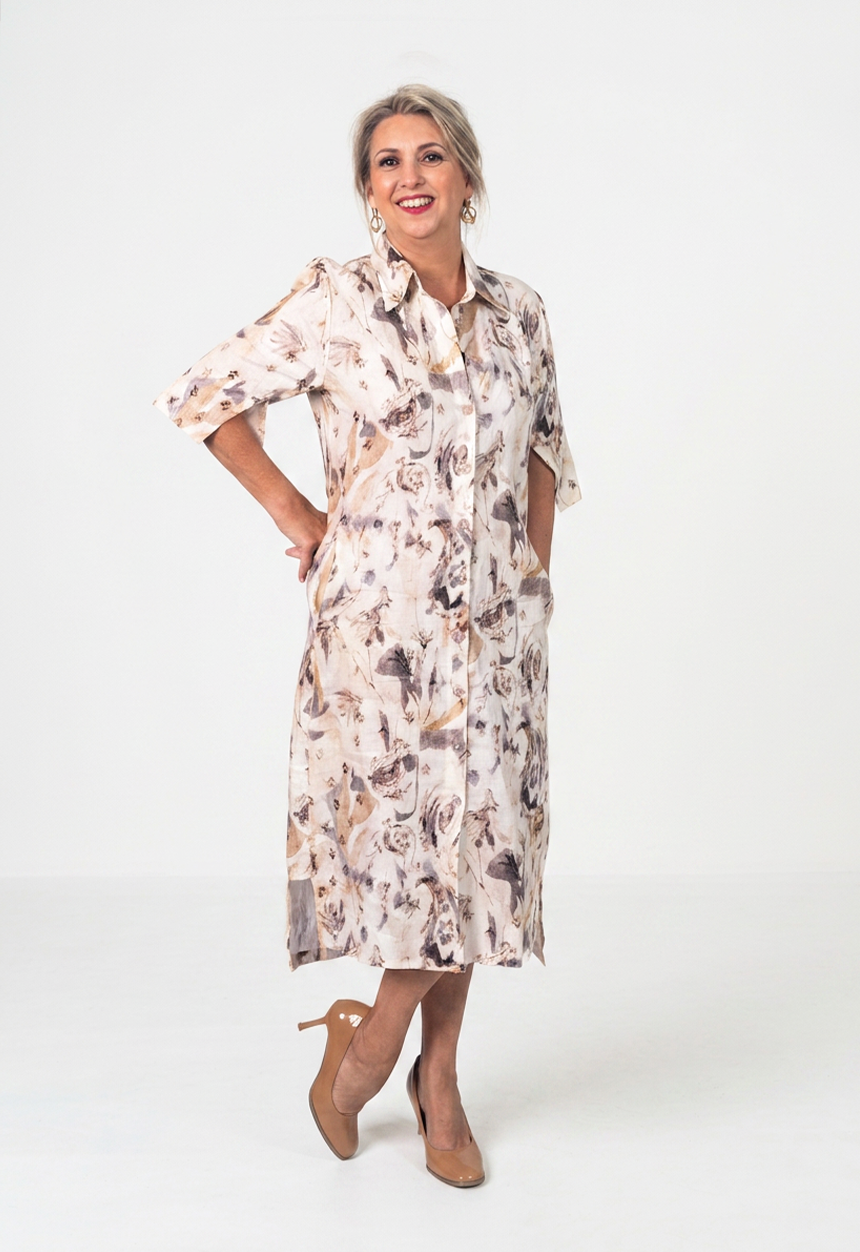 100% Printed Linen Button-Up Dress with Pockets