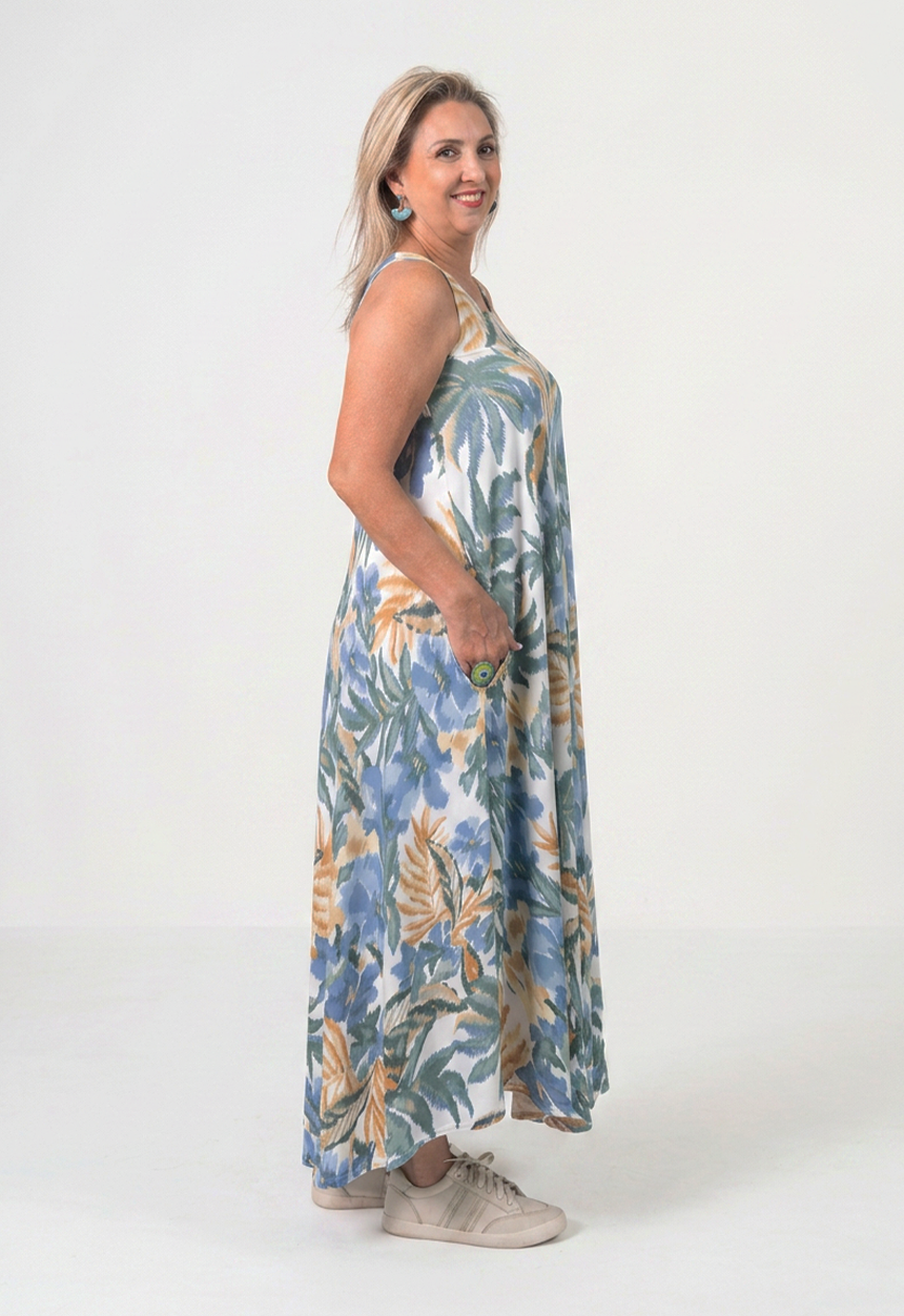 Blue Floral Stretchy Flared Dress with Pockets