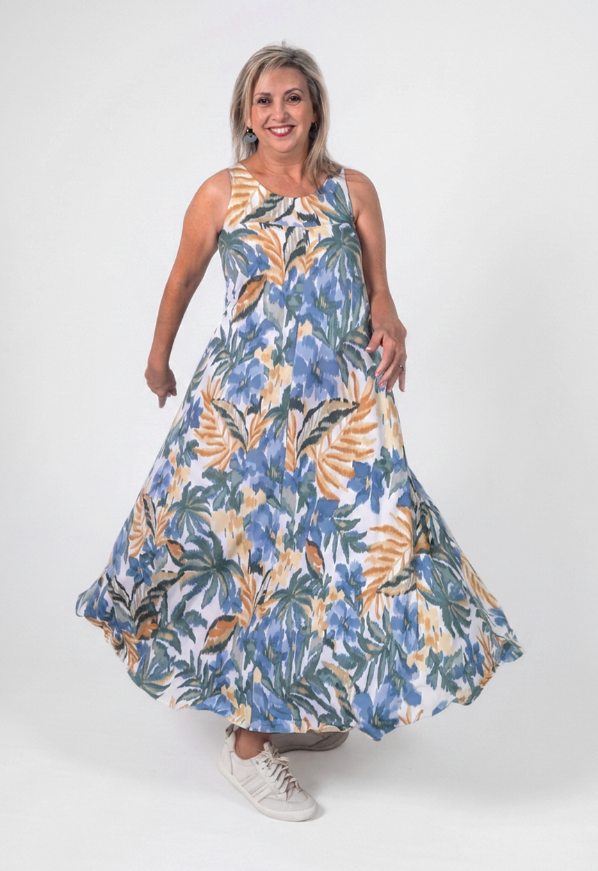 Blue Floral Stretchy Flared Dress with Pockets