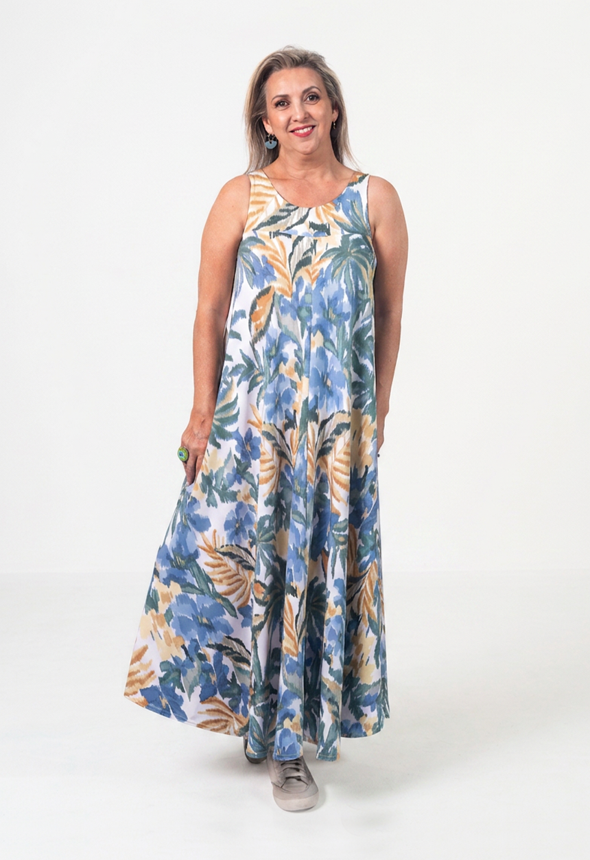 Blue Floral Stretchy Flared Dress with Pockets