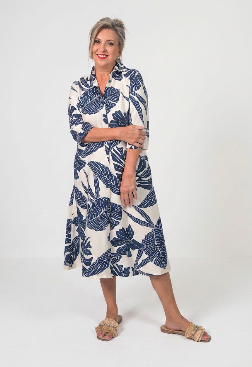 Ladder Lace Shirt Dress in Navy with Pockets