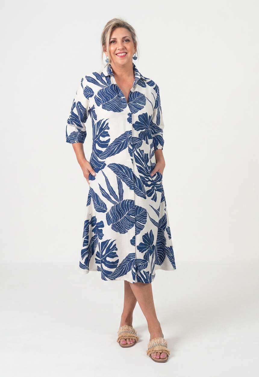Ladder Lace Shirt Dress in Navy with Pockets