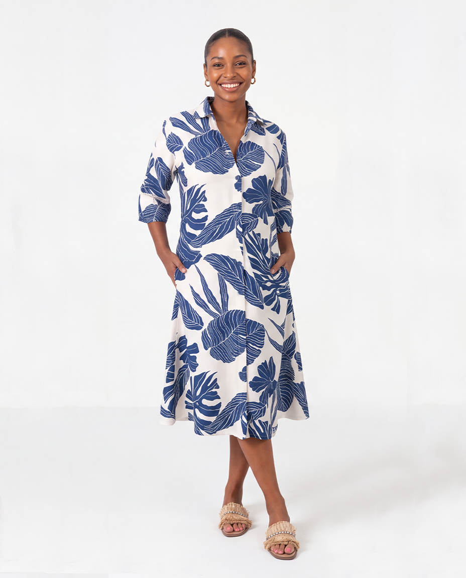 Ladder Lace Shirt Dress in Navy with Pockets