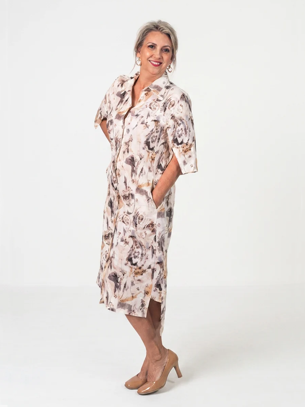 100% Printed Linen Button-Up Dress with Pockets