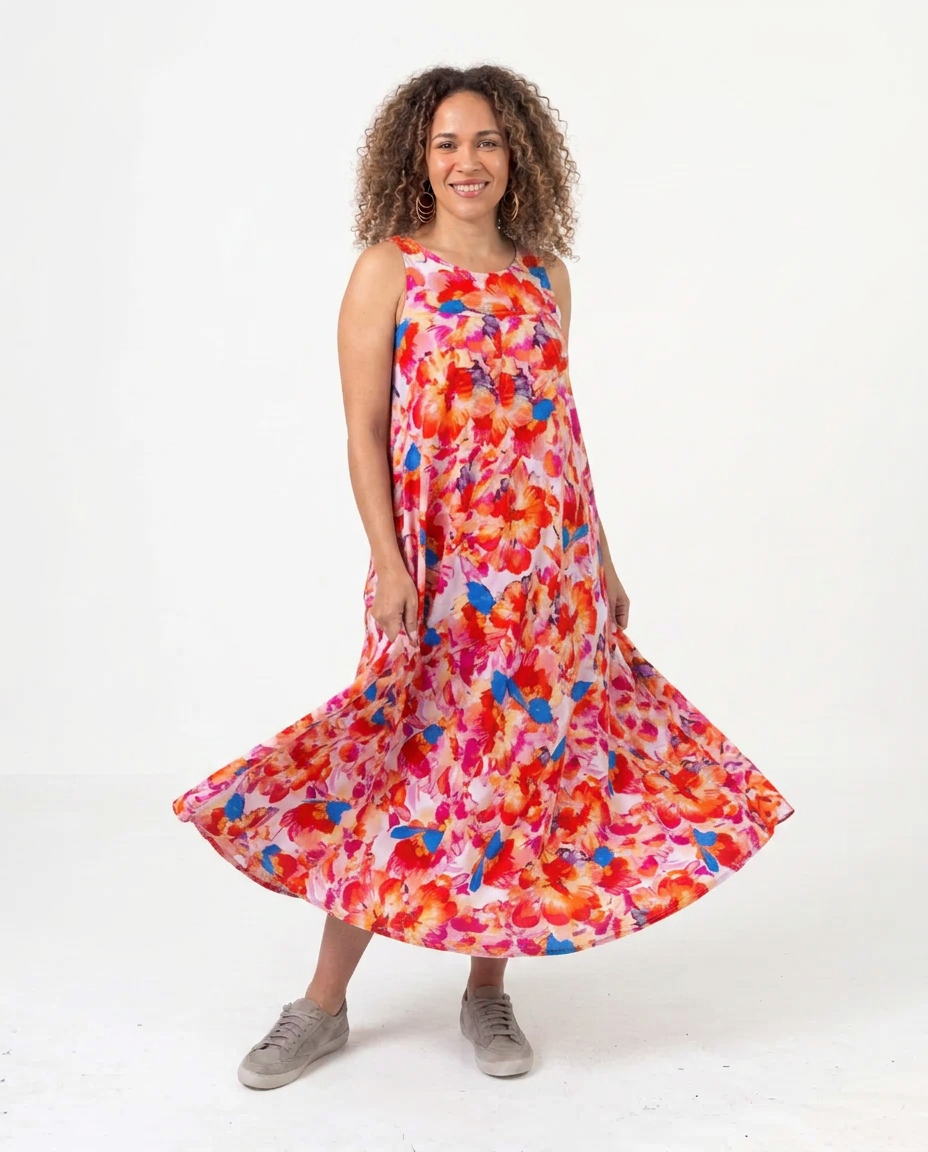 Spring Floral Stretchy Flared Dress with Pockets