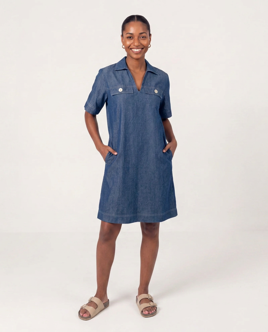 Short Denim A-Line Dress with Pockets