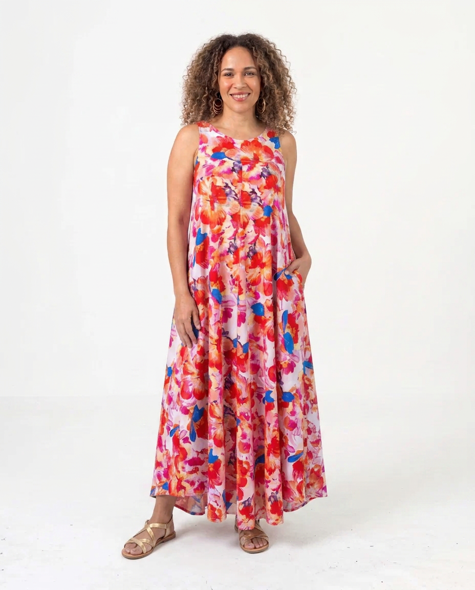 Spring Floral Stretchy Flared Dress with Pockets