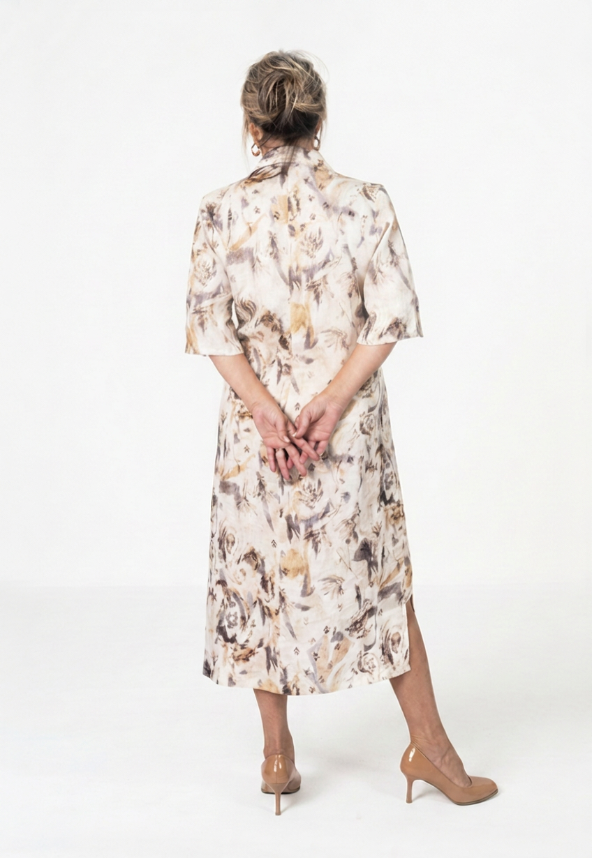 100% Printed Linen Button-Up Dress with Pockets