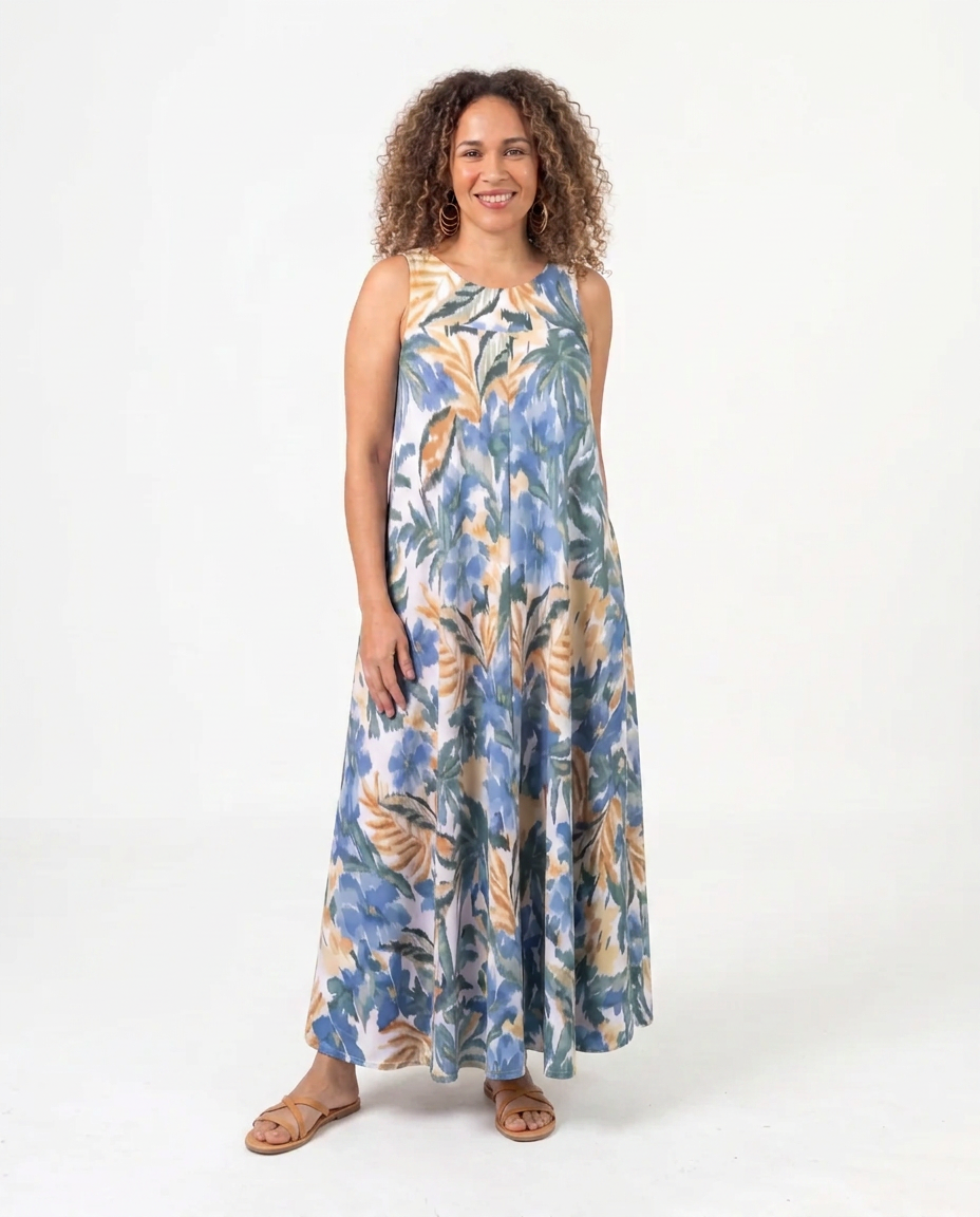 Blue Floral Stretchy Flared Dress with Pockets