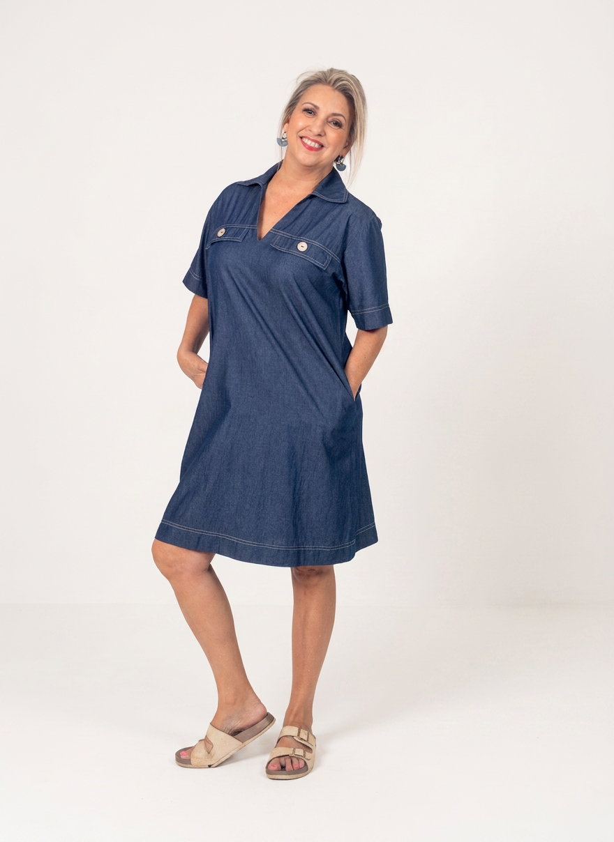 Short Denim A-Line Dress with Pockets