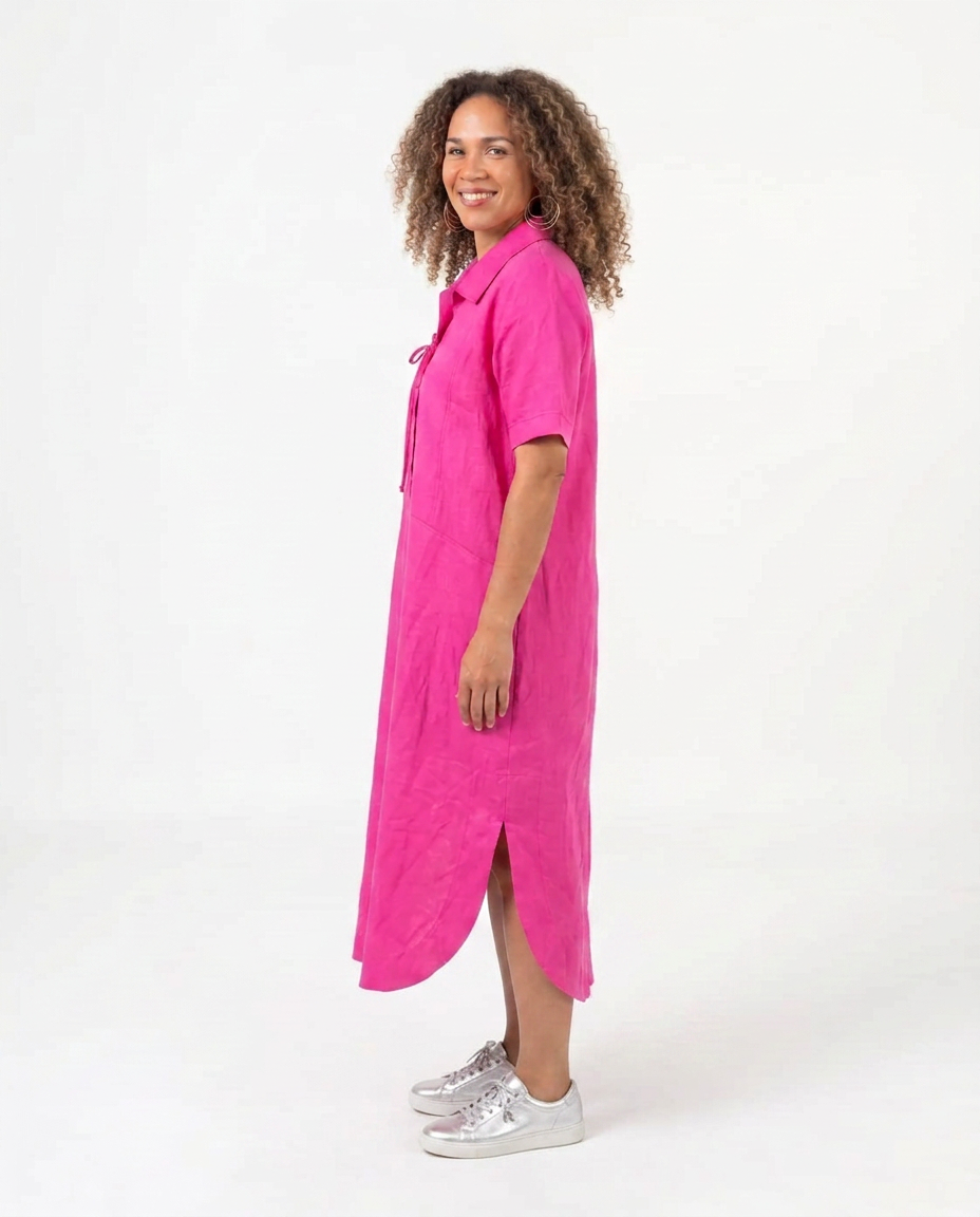 Deep Cerise Linen Panelled Dress with Decorative Tie Detail and Pockets