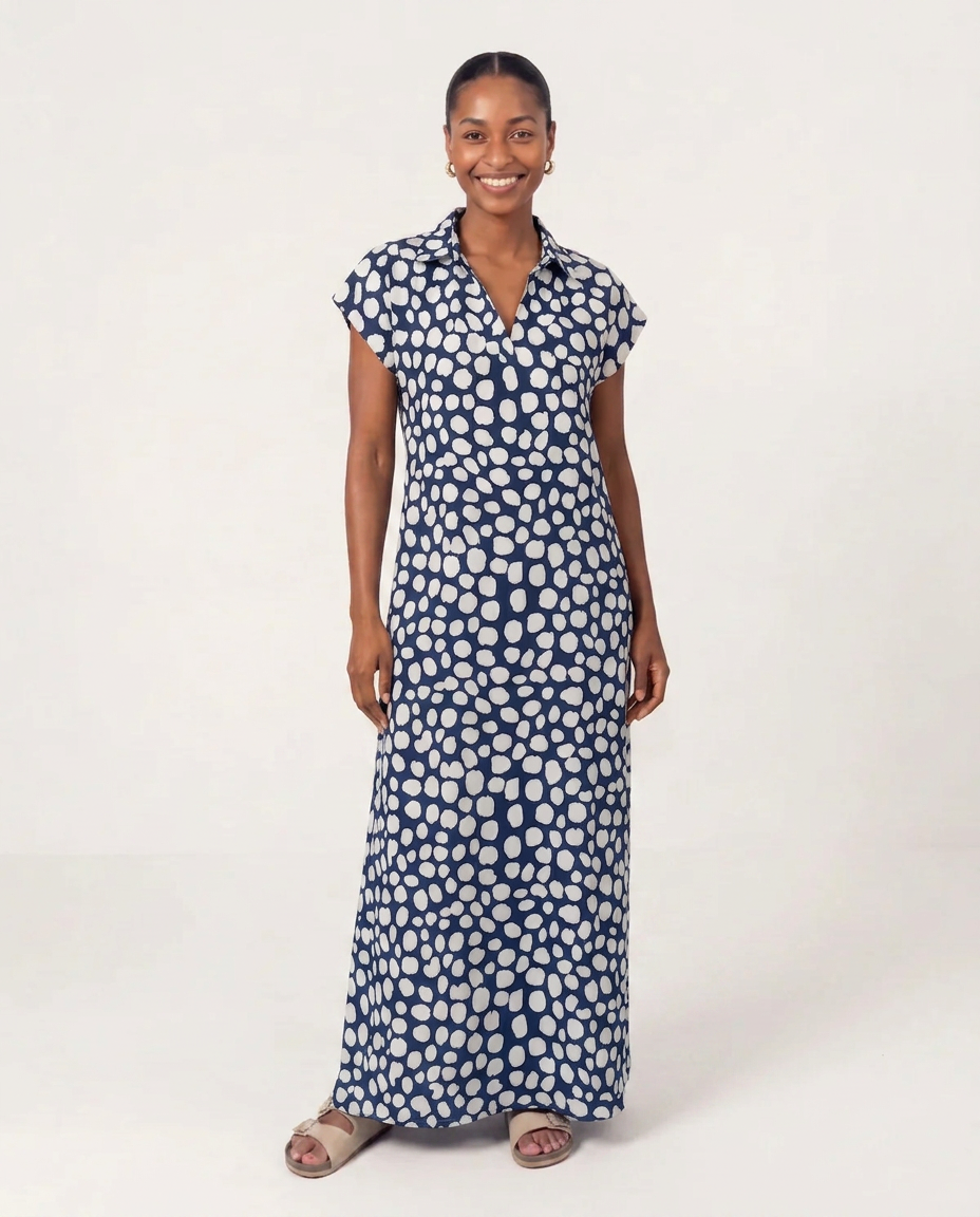 Black Dot Collared Dress with Side Slits
