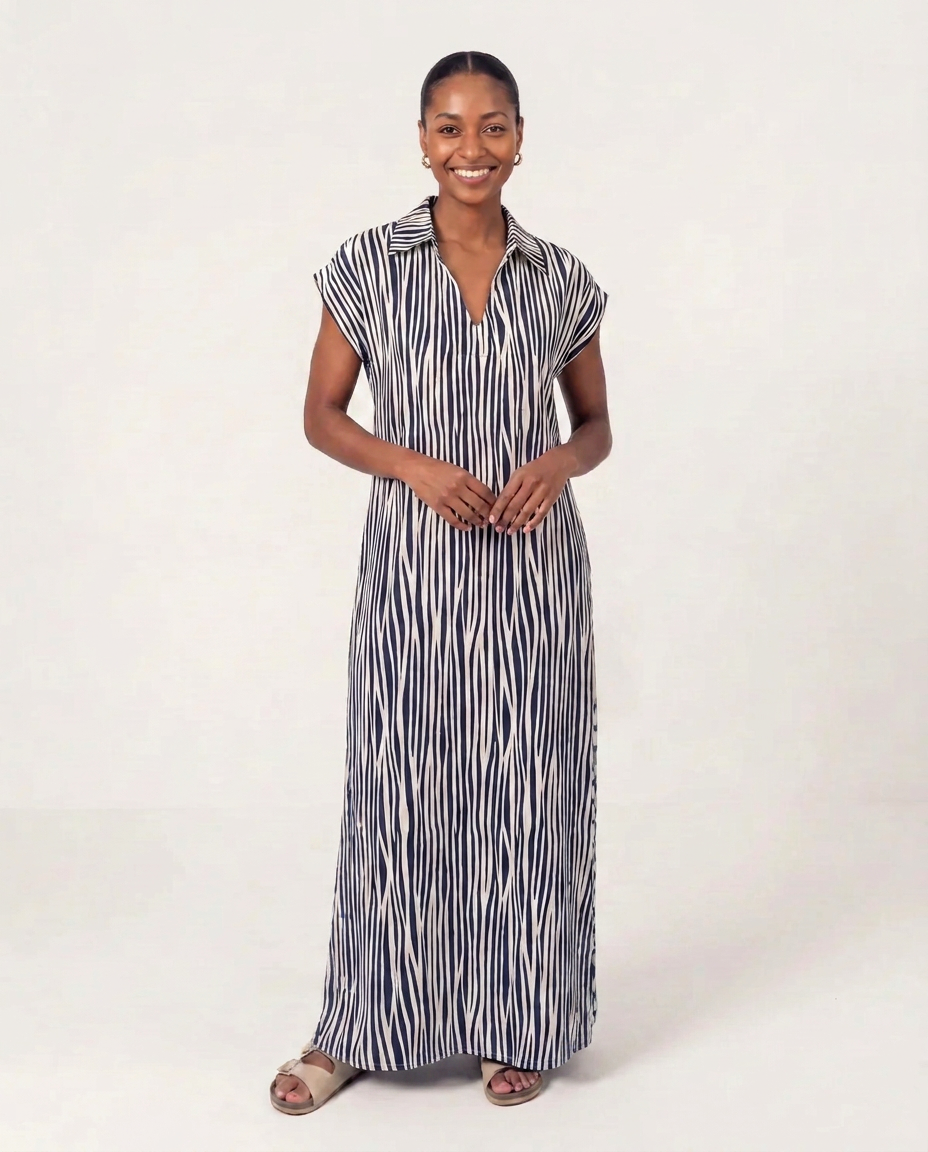 Printed Navy Collared Dress with Side Slits