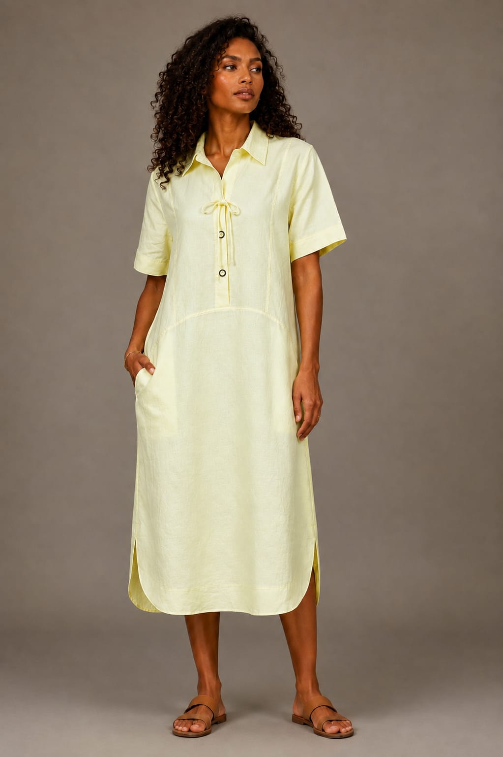 Lemon Linen Panelled Dress with Tie Detail and Pockets