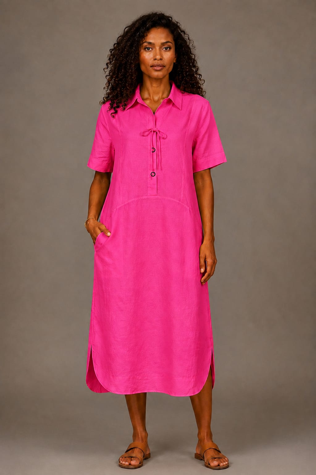 Deep Cerise Linen Panelled Dress with Decorative Tie Detail and Pockets