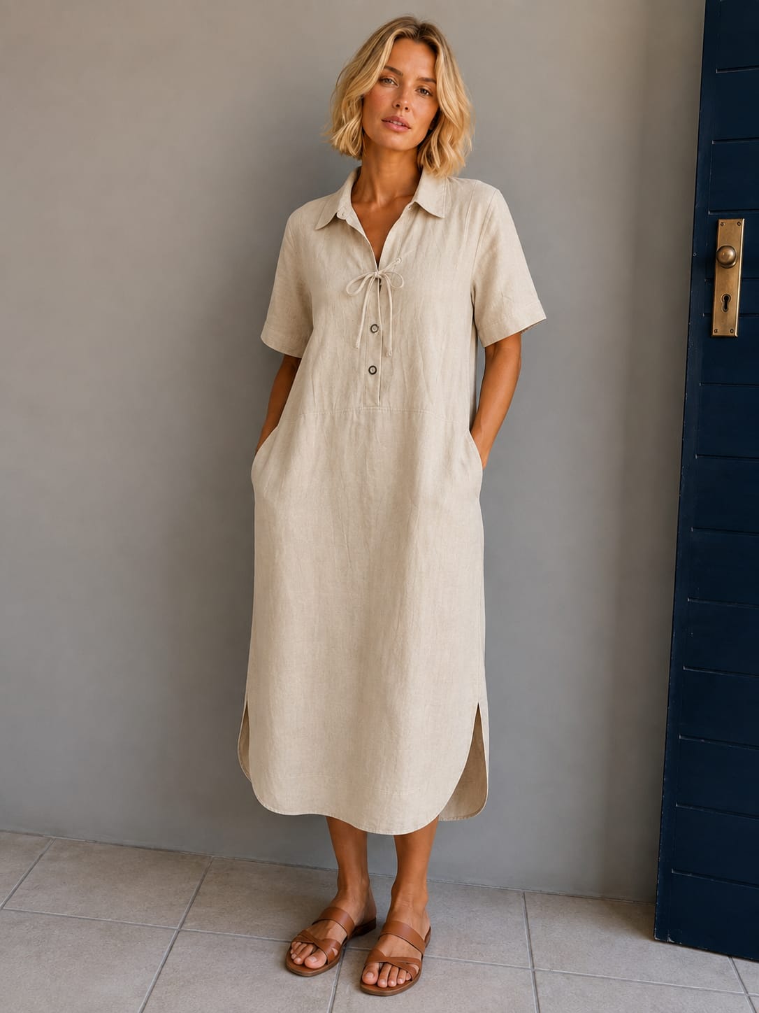Natural Linen Panelled Dress with Tie Detail and Pockets