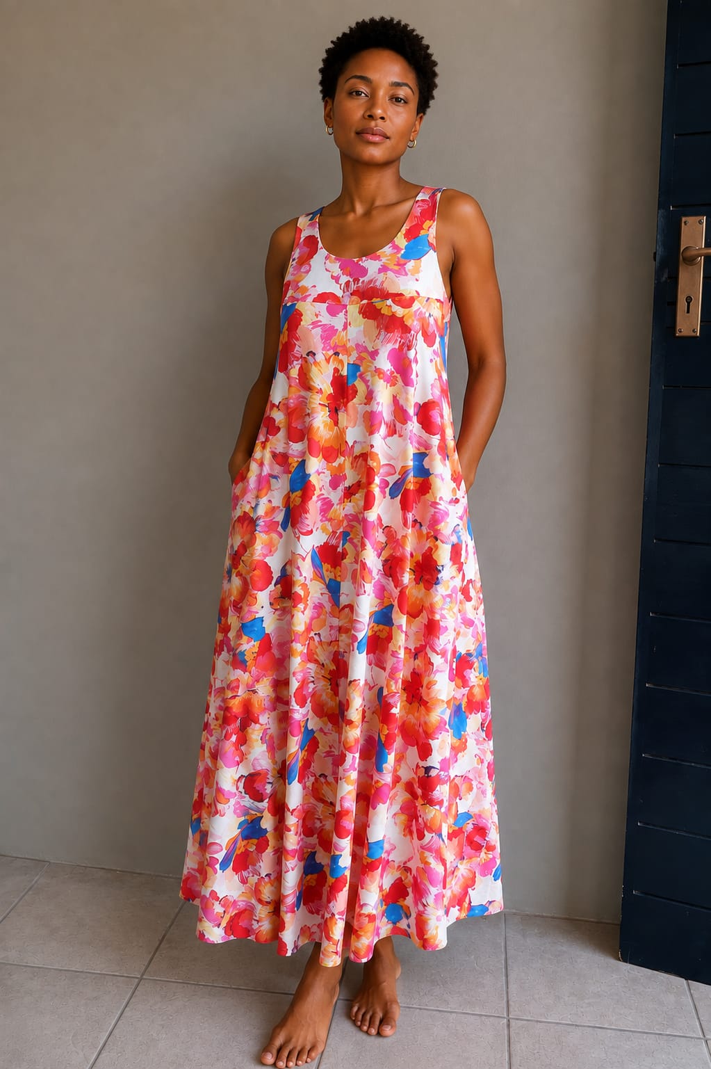 Spring Floral Stretchy Flared Dress with Pockets