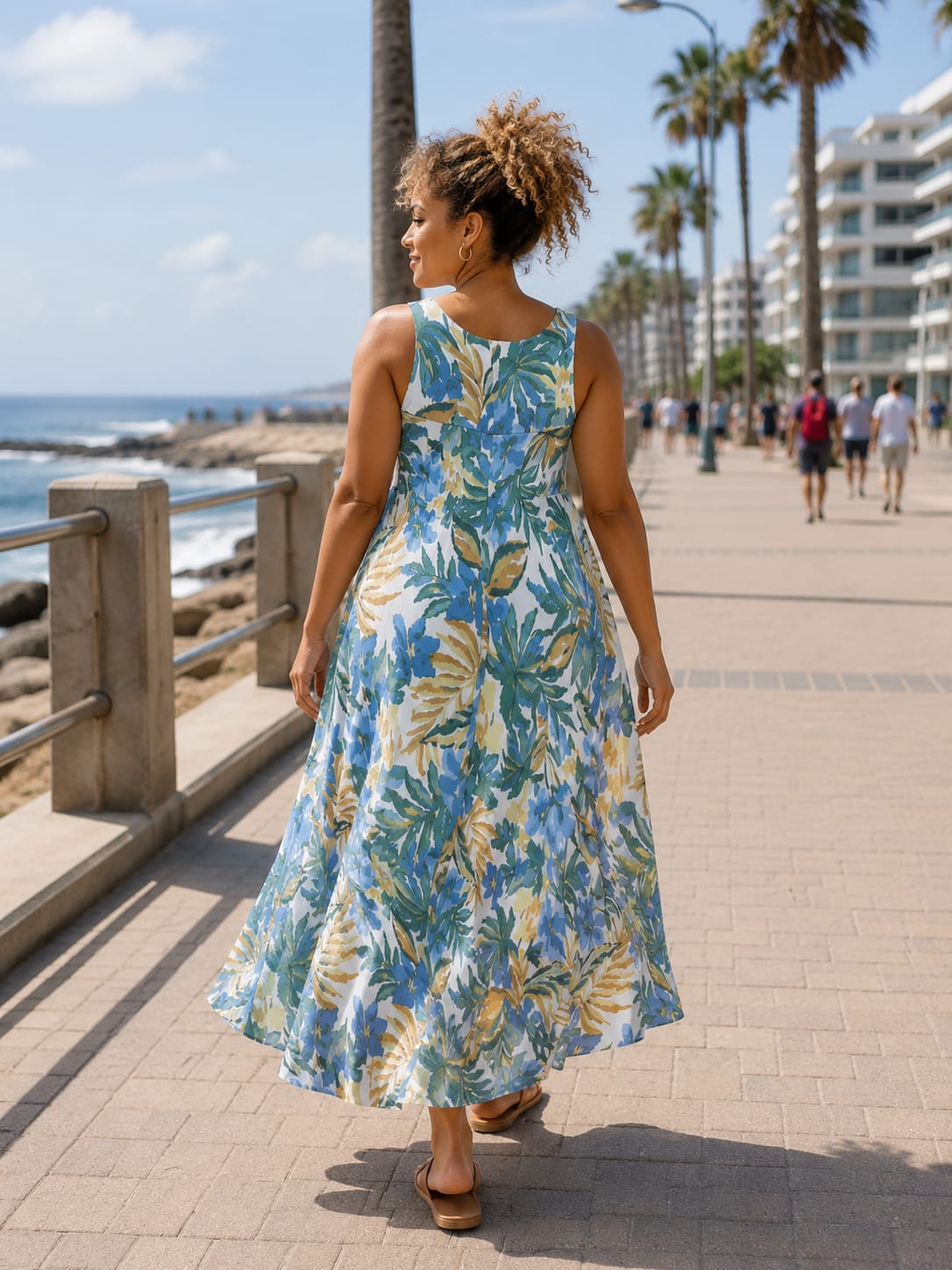 Blue Floral Stretchy Flared Dress with Pockets