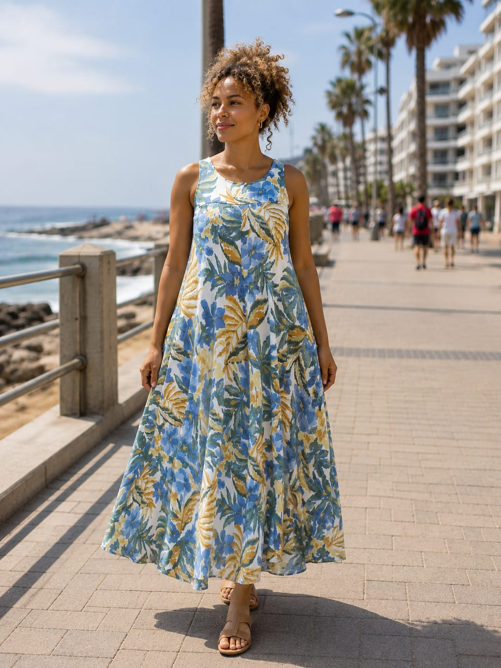 Blue Floral Stretchy Flared Dress with Pockets