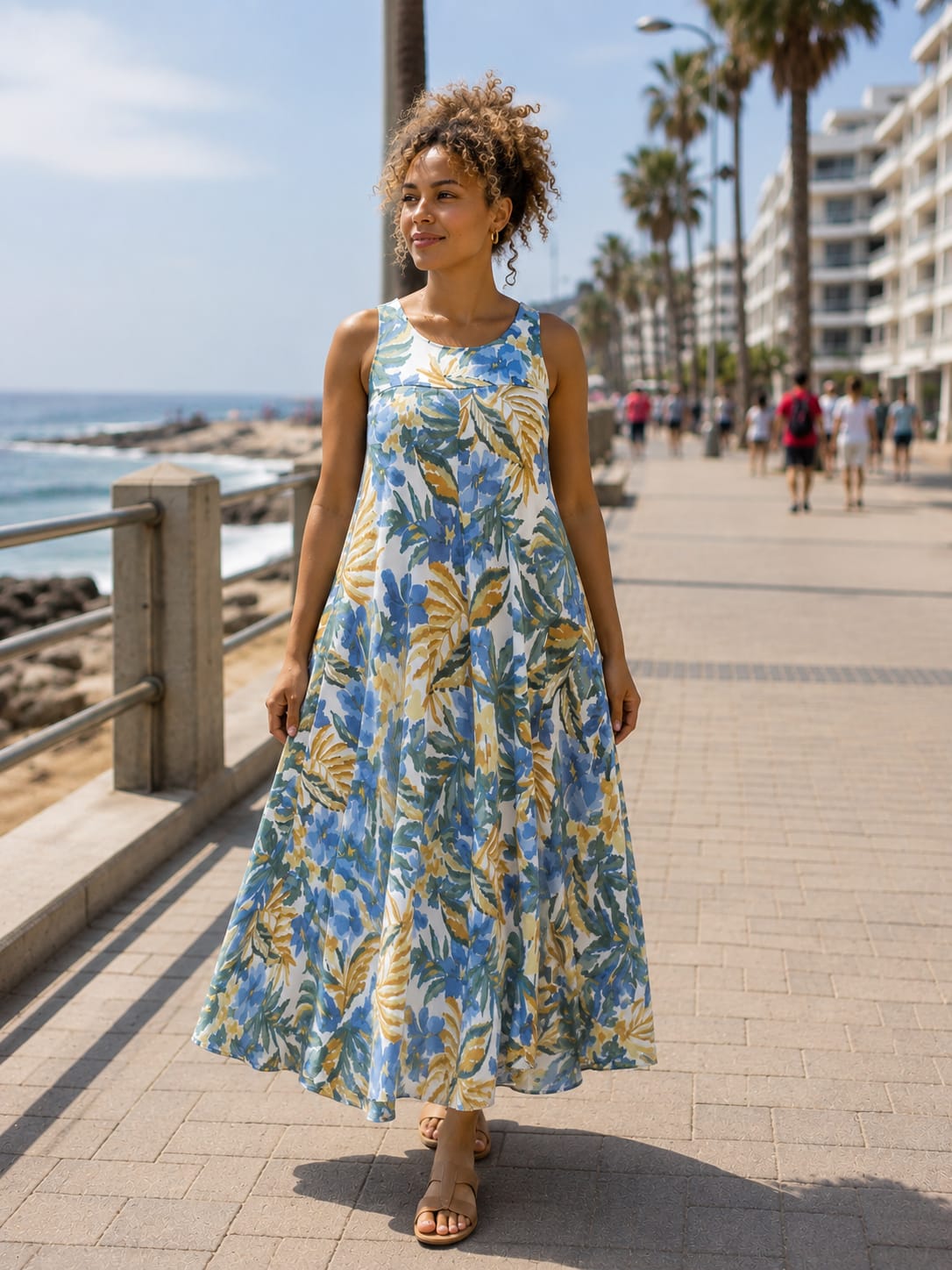 Blue Floral Stretchy Flared Dress with Pockets