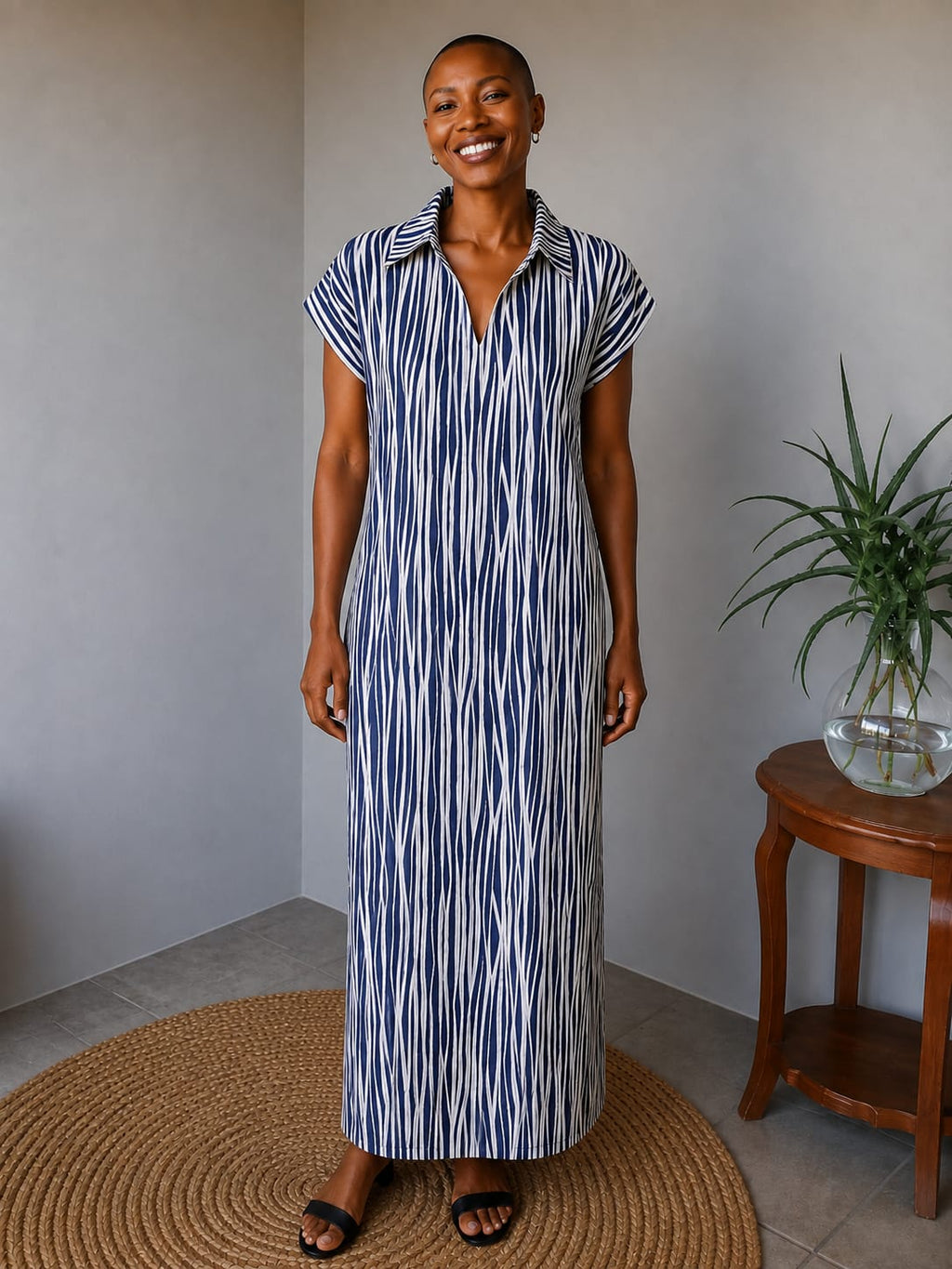 Printed Navy Collared Dress with Side Slits