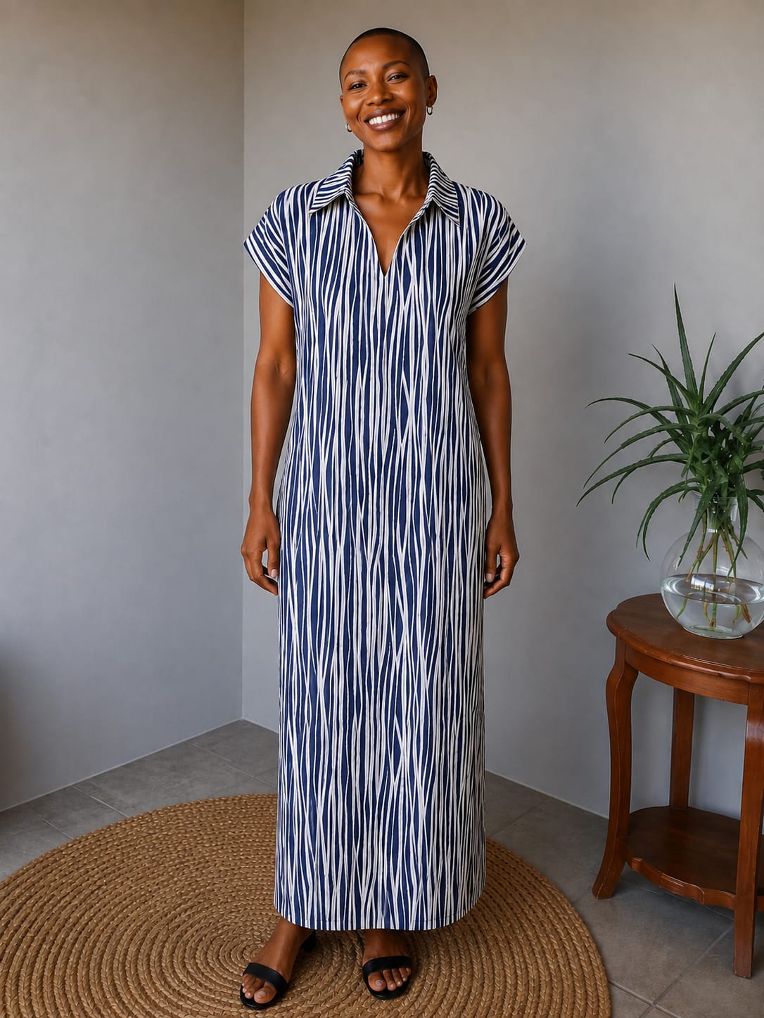 Printed Navy Collared Dress with Side Slits
