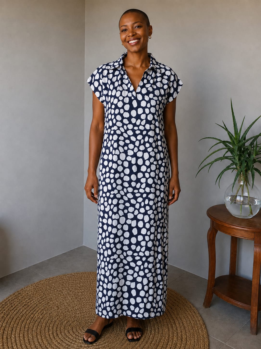 Black Dot Collared Dress with Side Slits