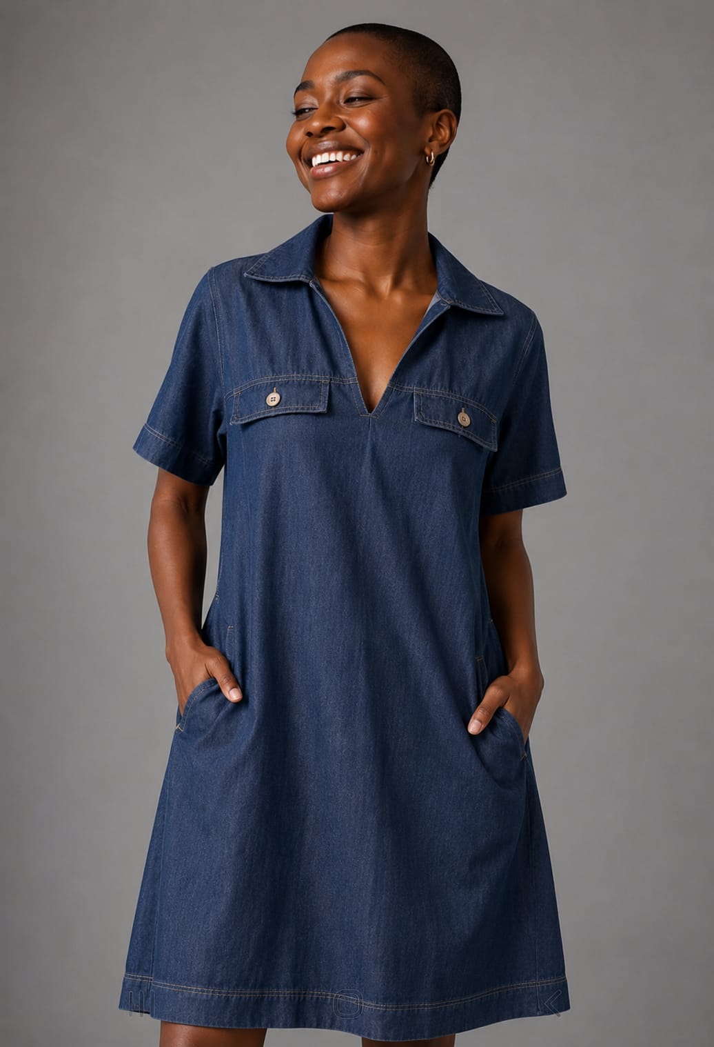 Short Denim A-Line Dress with Pockets