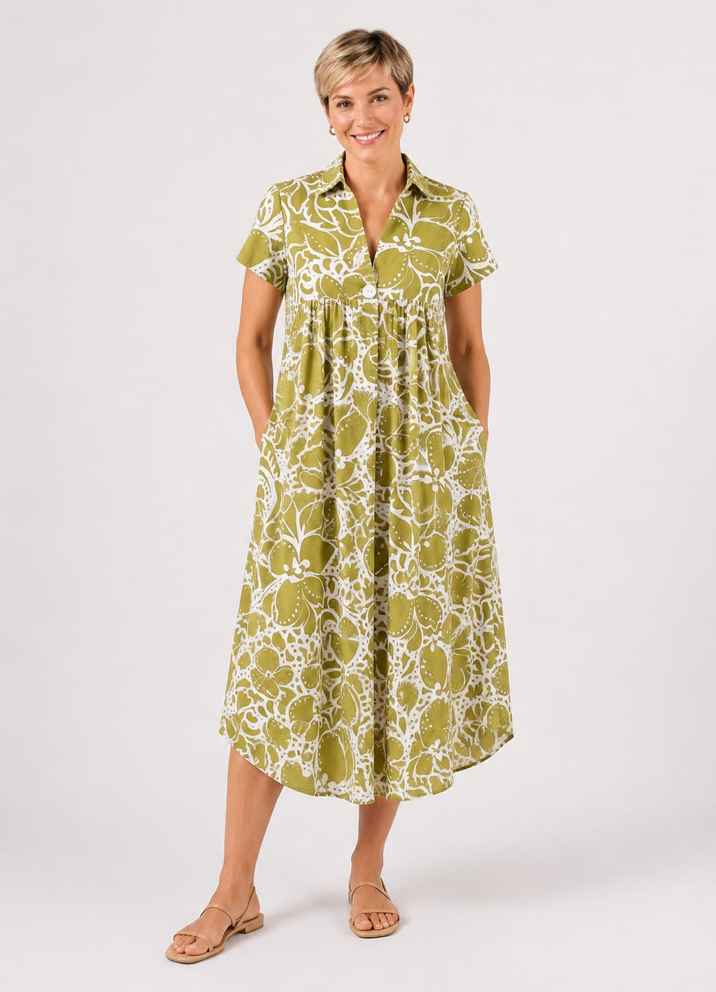 Carmen Dress in Acid Green Abstract Floral with Tie Detail and Pockets