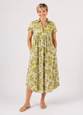 Carmen Dress in Acid Green Abstract Floral with Tie Detail and Pockets
