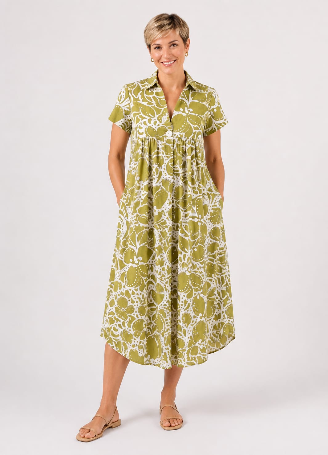 Carmen Dress in Acid Green Abstract Floral with Tie Detail and Pockets