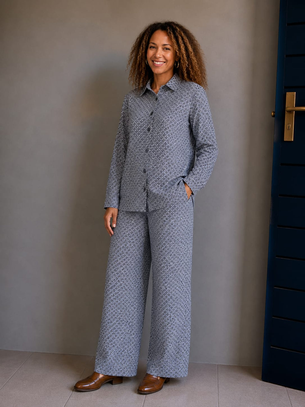 Printed Navy Viscose Wide Leg Pant