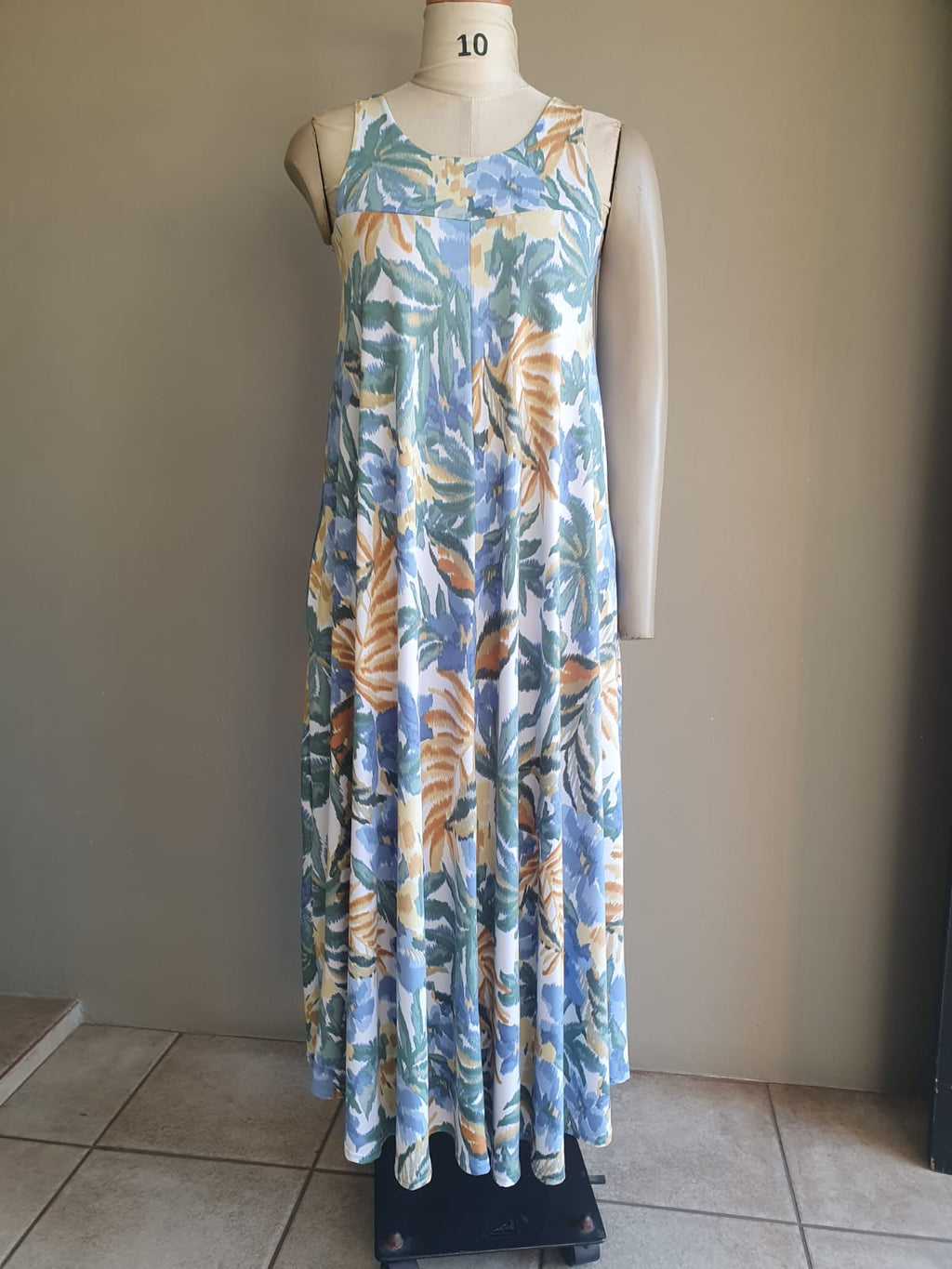 Blue Floral Stretchy Flared Dress with Pockets