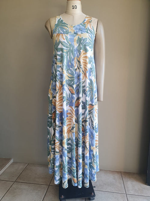 Blue Floral Stretchy Flared Dress with Pockets