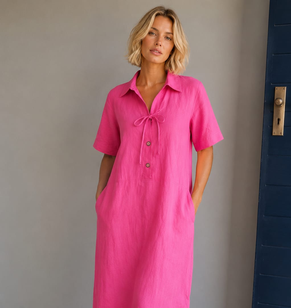 Deep Cerise Linen Panelled Dress with Decorative Tie Detail and Pockets