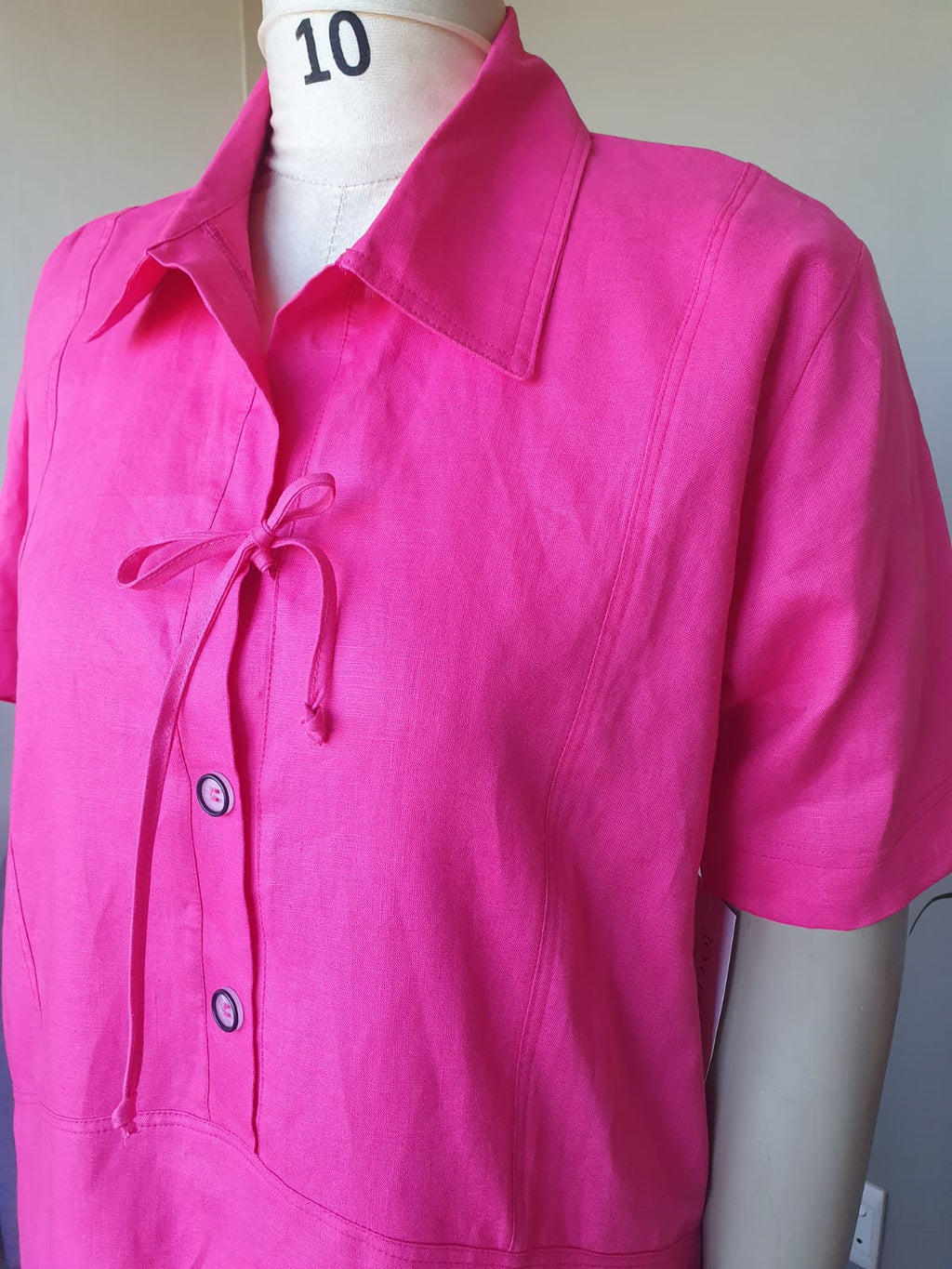 Deep Cerise Linen Panelled Dress with Decorative Tie Detail and Pockets