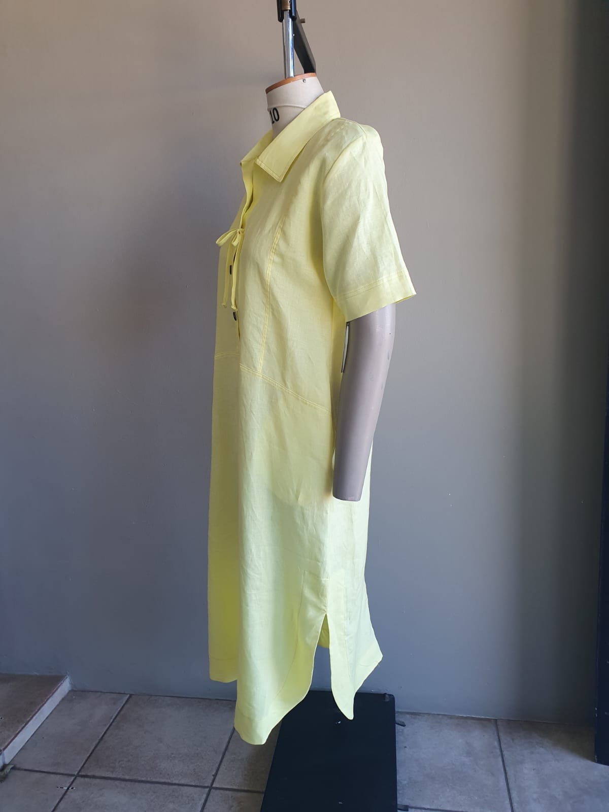 Lemon Linen Panelled Dress with Tie Detail and Pockets