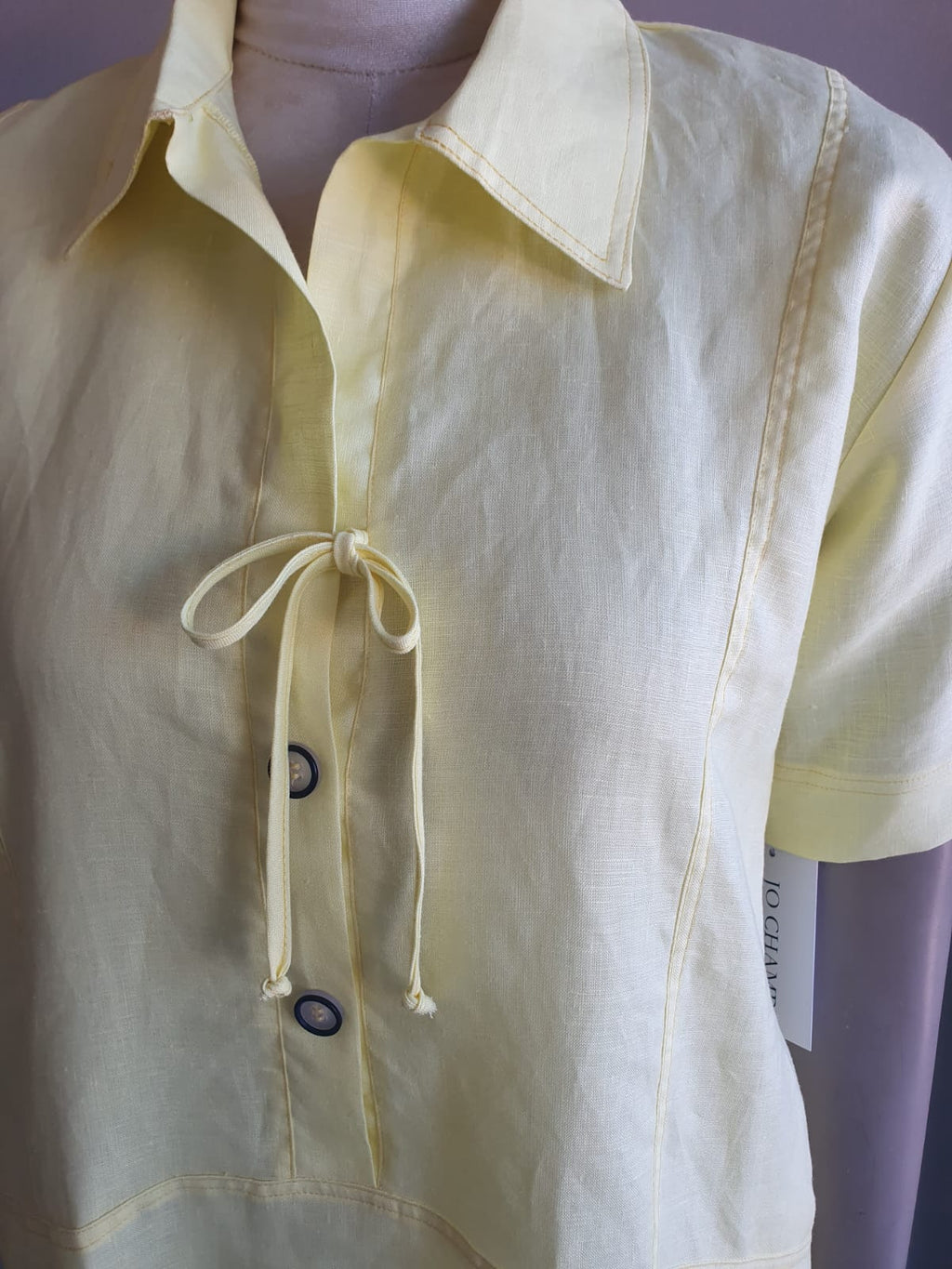 Lemon Linen Panelled Dress with Tie Detail and Pockets