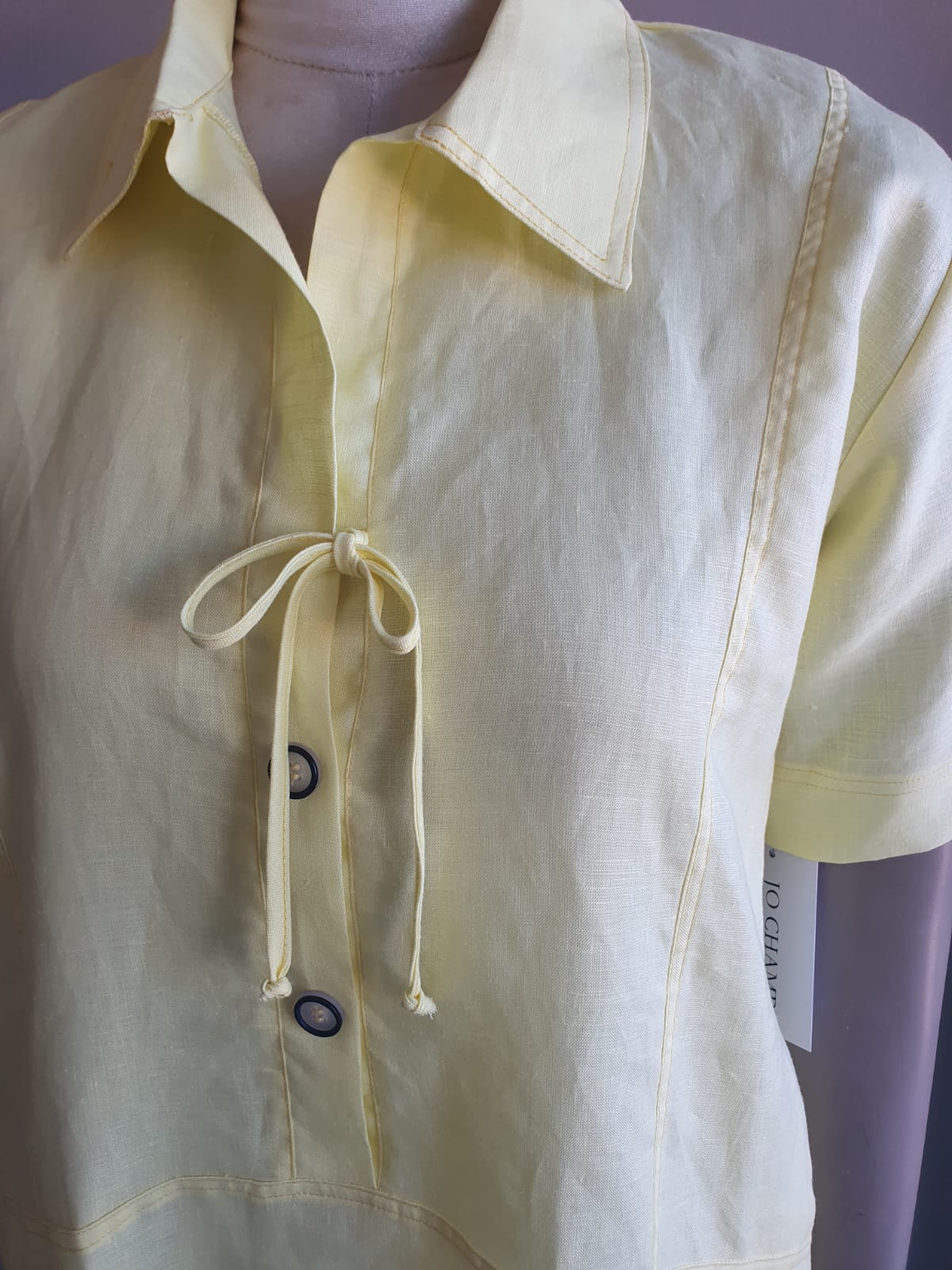 Lemon Linen Panelled Dress with Tie Detail and Pockets