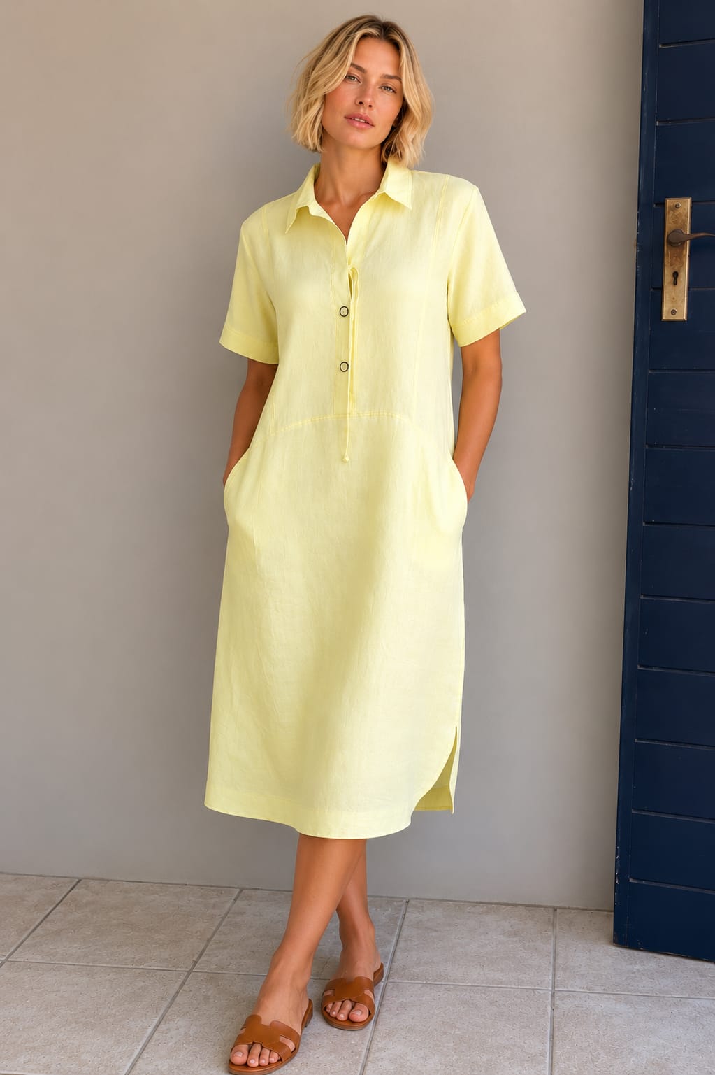 Lemon Linen Panelled Dress with Tie Detail and Pockets