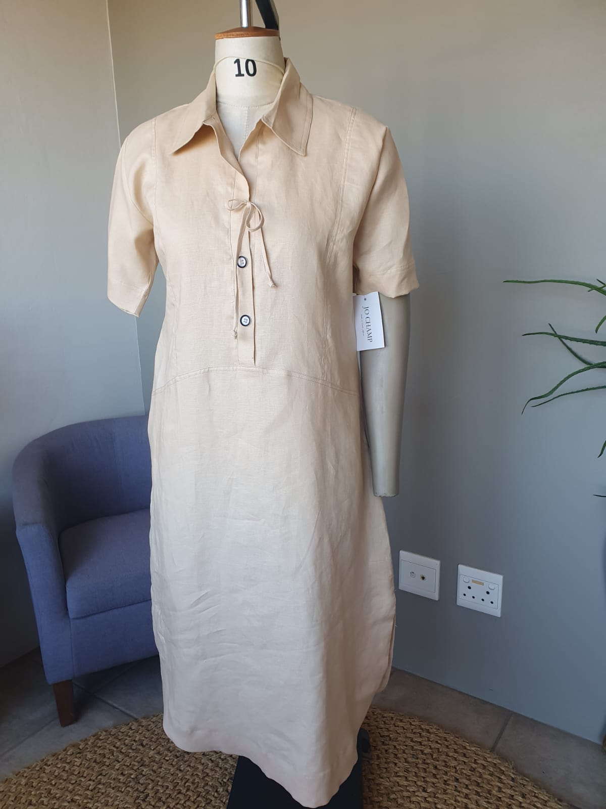 Natural Linen Panelled Dress with Tie Detail and Pockets