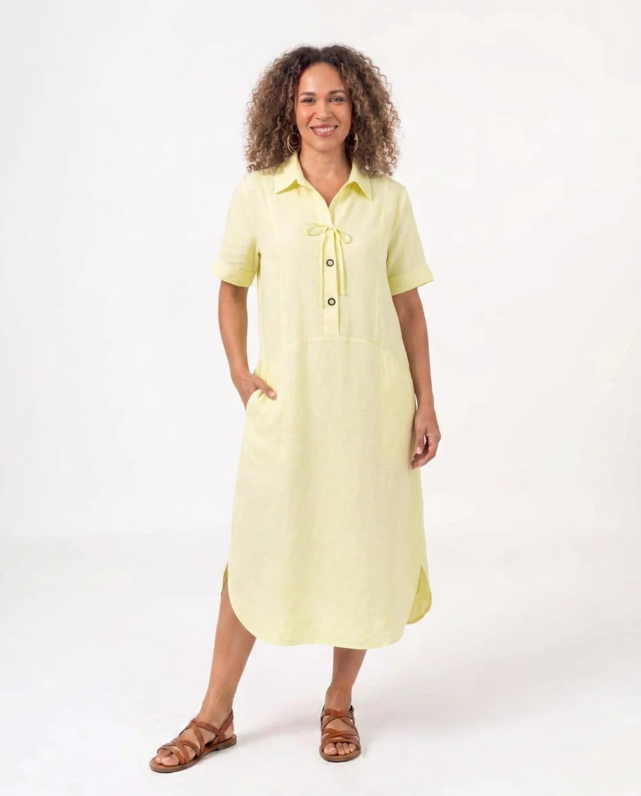 Lemon Linen Panelled Dress with Tie Detail and Pockets